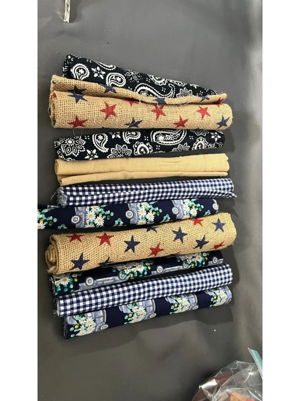 Fabric Scrap Mixed Lot Patterns & Solids Stars Plaid Burlap